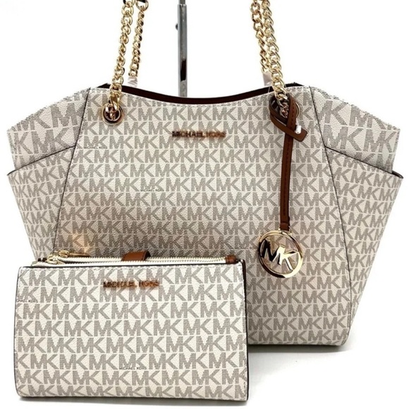 Michael Kors Large Jet Set Travel Chain Shoulder Bag & Double Zip Wallet Vanilla - Picture 2 of 15